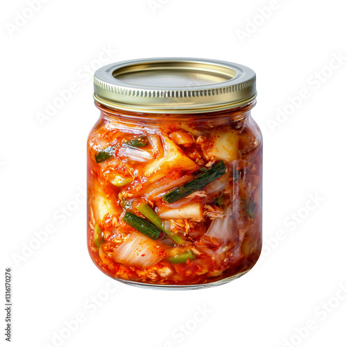 A glass jar filled with spicy kimchi, isolated on white or transparent png