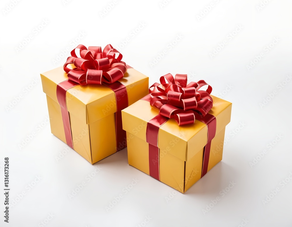 Fototapeta premium Two Gold Gift Boxes with Red Ribbons