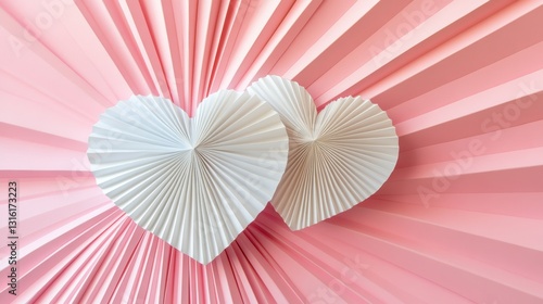 Wallpaper Mural A pink sunburst background serves as the setting for two overlapping white paper hearts with stripes, embodying love, romance, and the spirit of Valentine's Day Torontodigital.ca