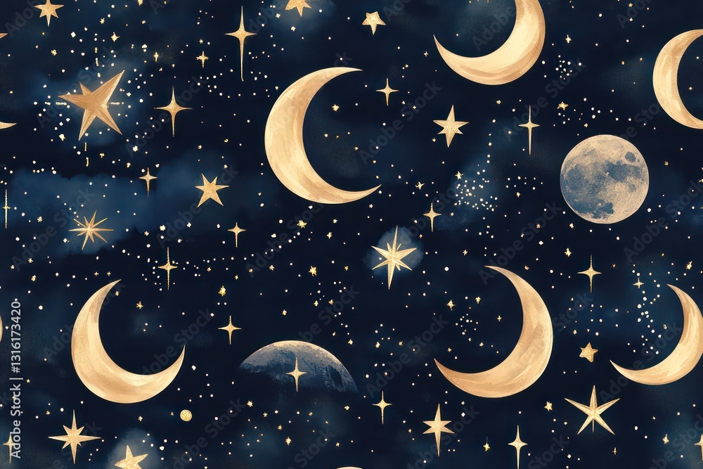A smooth, artistic seamless pattern of the night sky filled with moon phases, stars, and cosmic wonders in soft, classic colors. A smooth, artistic seamless pattern of the night sky filled with moon phases, stars, and cosmic wonders in soft, classic colors.