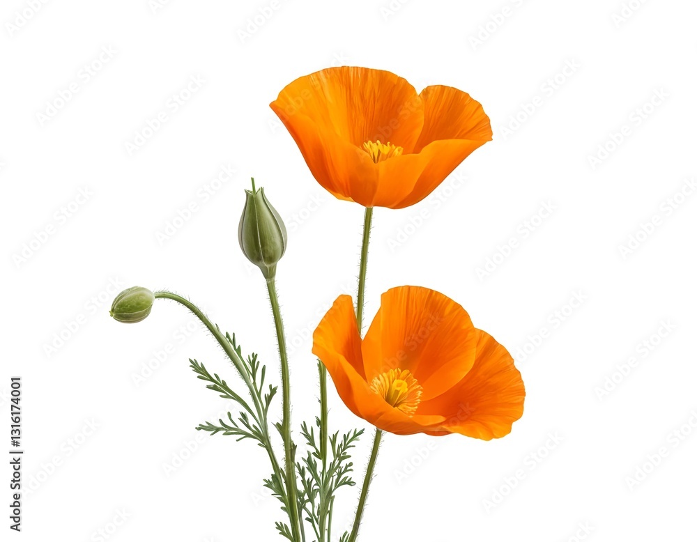 Naklejka premium Two Orange California Poppies with Buds
