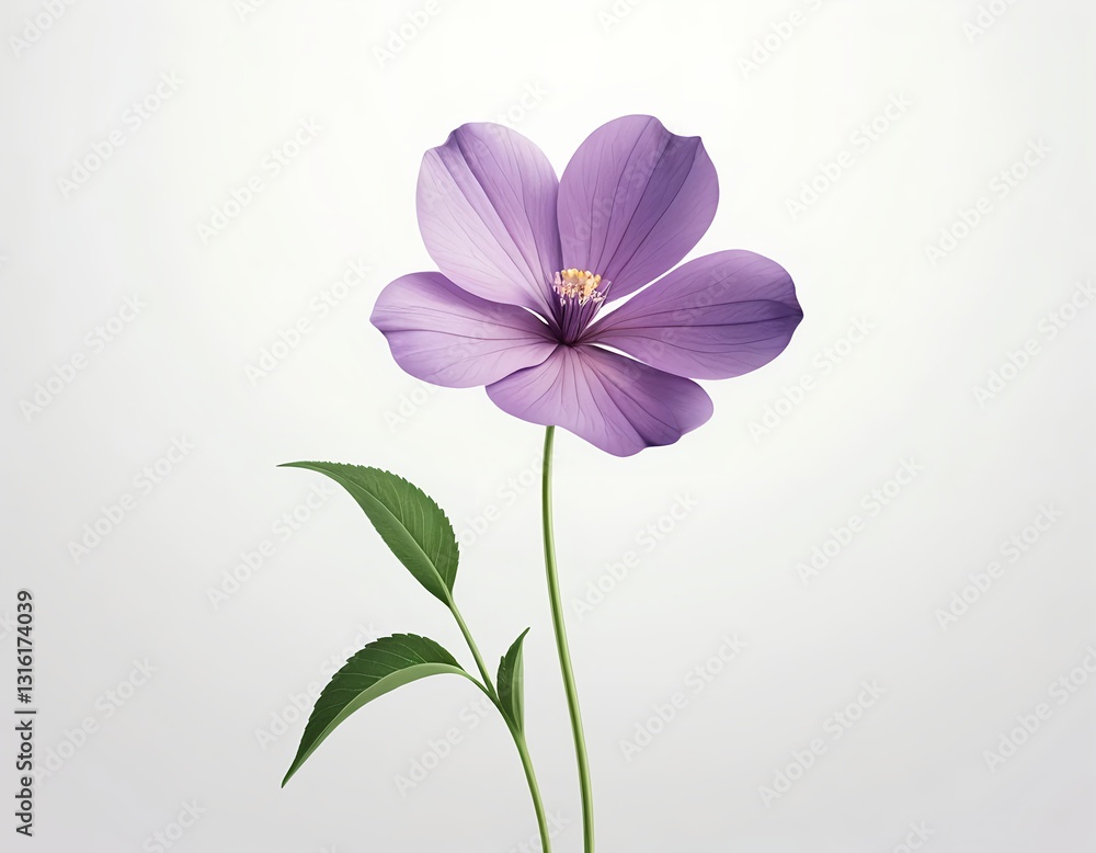 Obraz premium Single Purple Flower with Green Leaves on White Background