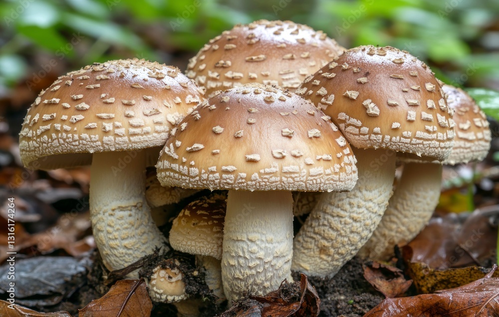 Cluster of Amanita Mushrooms Growing in the Forest Among Fallen Leaves