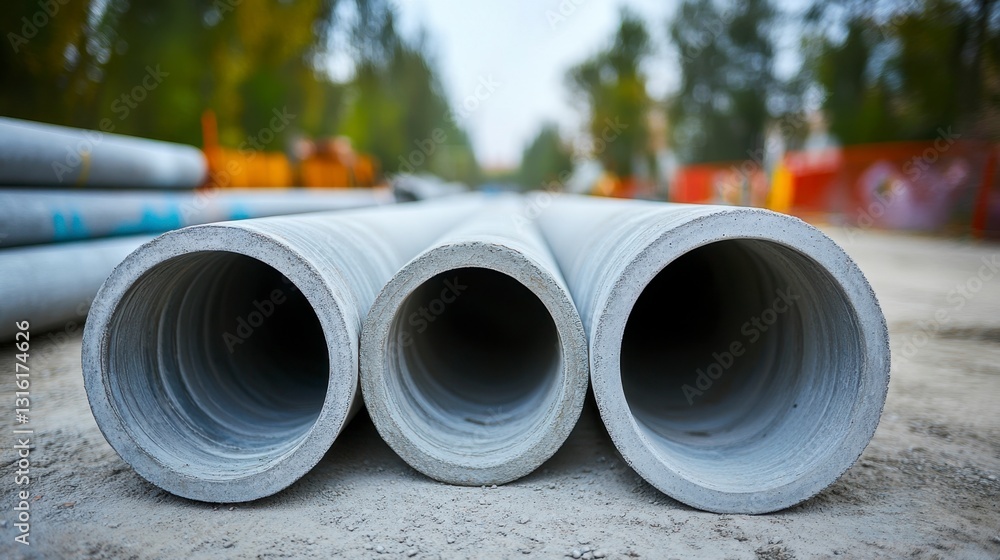 Three large concrete pipes sit on a gravel surface outdoors. The pipes are light gray, cylindrical, and textured. The background is blurred, showing a construction or industrial setting. Three large concrete pipes sit on a gravel surface outdoors. The pipes are light gray, cylindrical, and textured. The background is blurred, showing a construction or industrial setting.