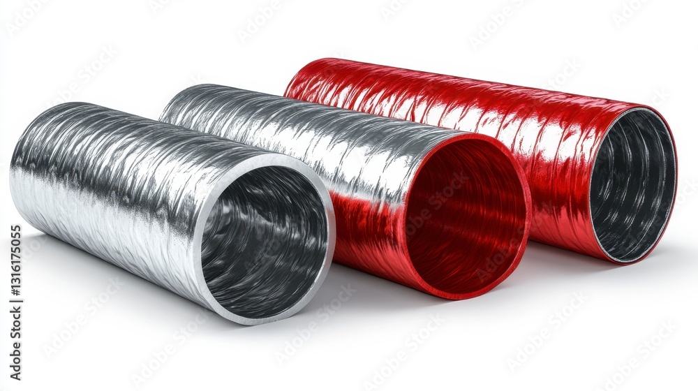 Three flexible ventilation ducts in silver, black, and red are displayed against a white background. The ducts are slightly curved, showcasing their flexible nature and metallic sheen. Three flexible ventilation ducts in silver, black, and red are displayed against a white background. The ducts are slightly curved, showcasing their flexible nature and metallic sheen.