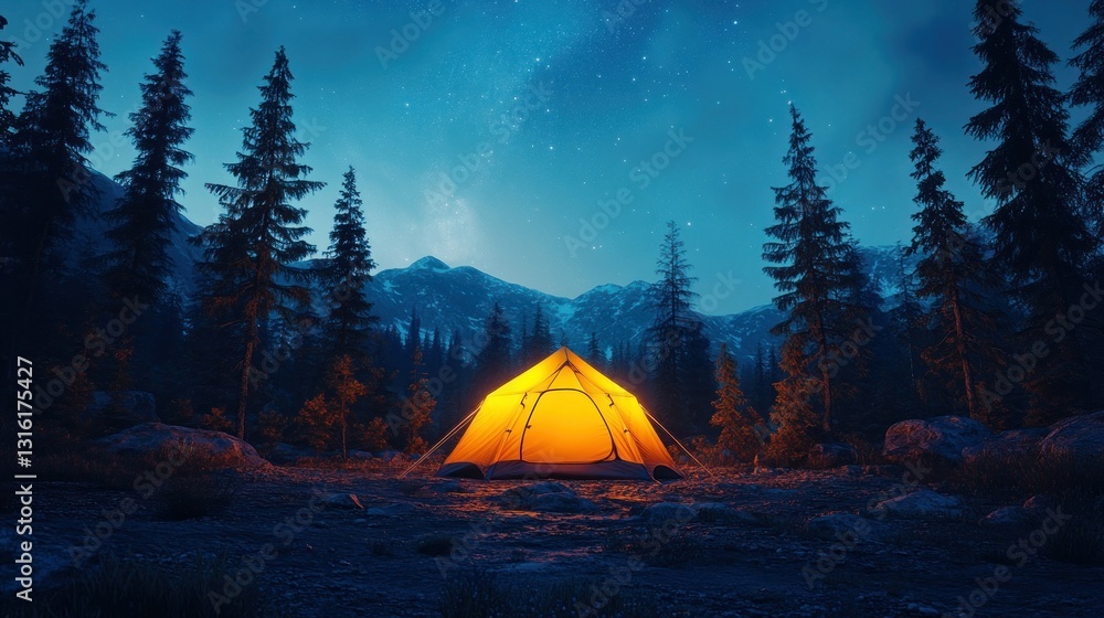 Illuminated tent in mountain forest at night Illuminated tent in mountain forest at night