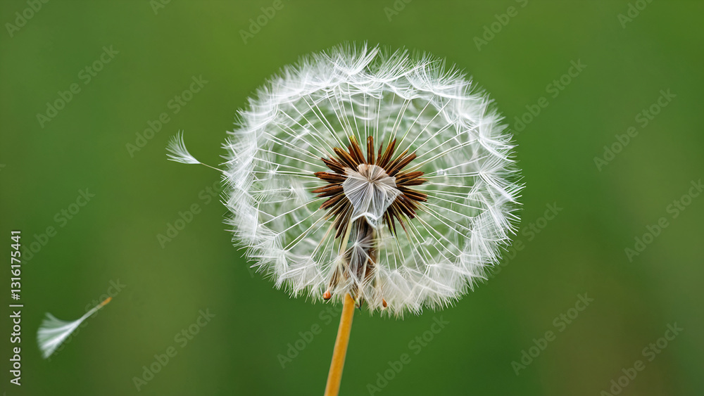 Fototapeta premium A close-up of a dandelion seed head with some seeds blowing away against a green background. Ideal for themes of wishes, freedom, and new beginnings.