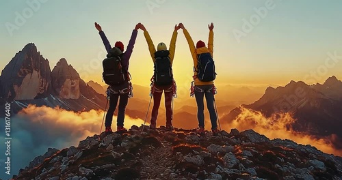 Three Climbers Reach Mountain Summit at Sunrise