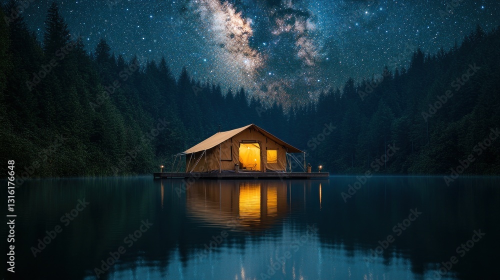 Fototapeta premium Lakeside glamping tent under starry night sky