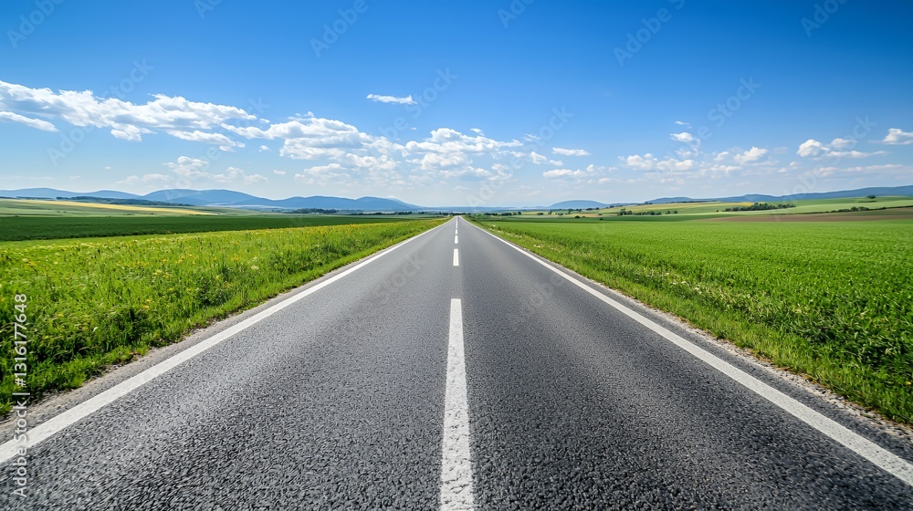 Fototapeta premium Asphalt Road Through Lush Green Fields Under a Bright Blue Sky