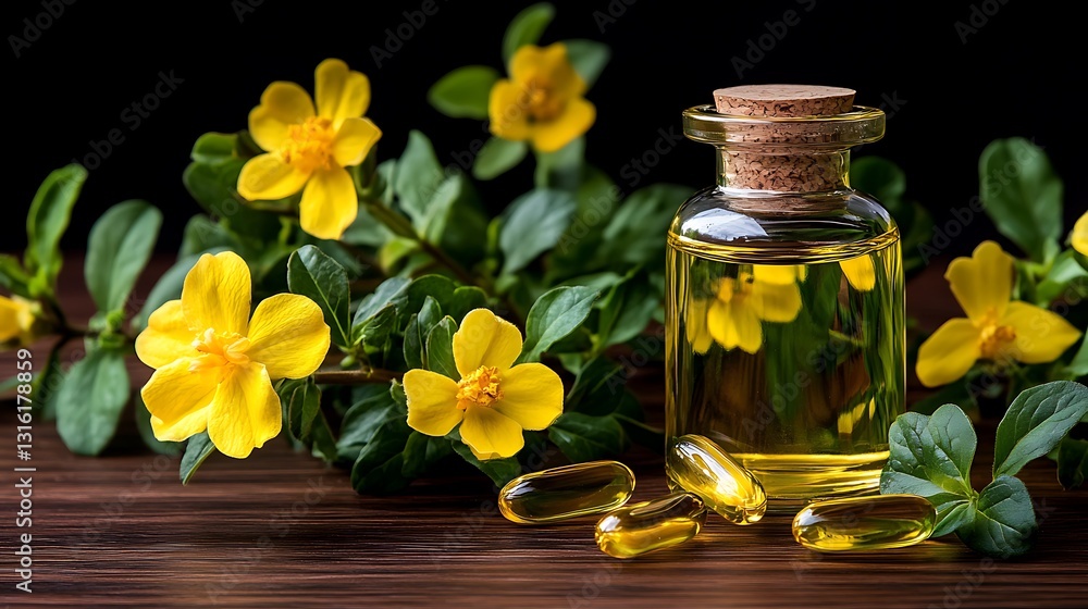 Golden Evening Primrose Oil: Capsules and Extract on Dark Wood AI Generated Golden Evening Primrose Oil: Capsules and Extract on Dark Wood AI Generated