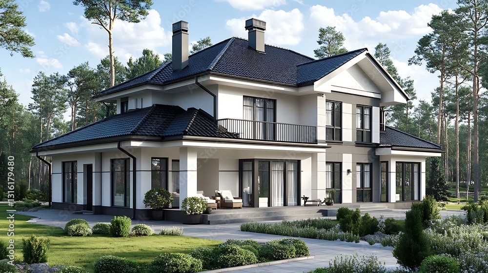 Modern, elegant two-story home with a spacious backyard and manicured landscaping Modern, elegant two-story home with a spacious backyard and manicured landscaping