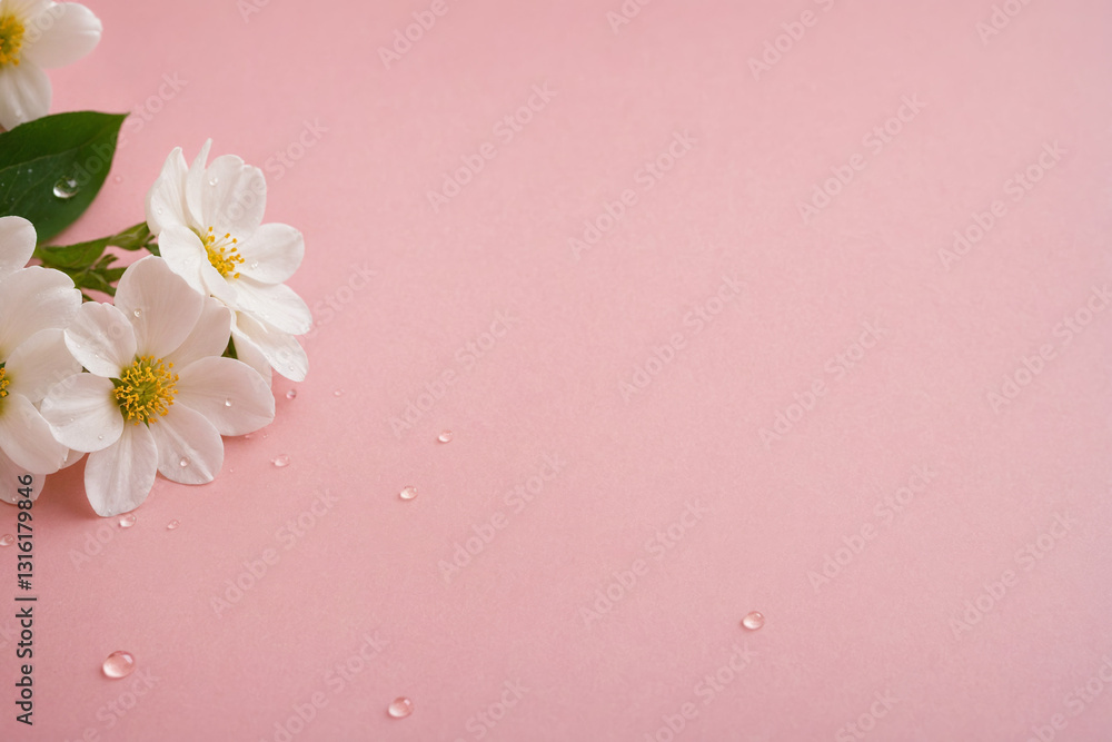 White flowers with dew drops on a soft pink background with copy space. Floral blooms on pastel blank background for spring banner, greeting card, wedding invitation. Mother's Day. Valentine's Day. White flowers with dew drops on a soft pink background with copy space. Floral blooms on pastel blank background for spring banner, greeting card, wedding invitation. Mother's Day. Valentine's Day.