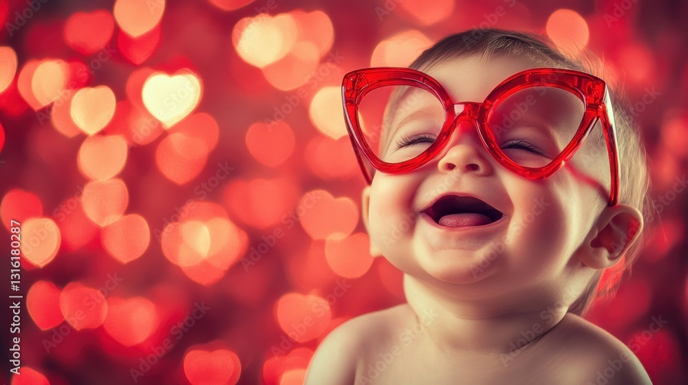 Picture of pretty cute beautiful baby in big stylish red glasses having fun celebrating valentine day generative AI technology