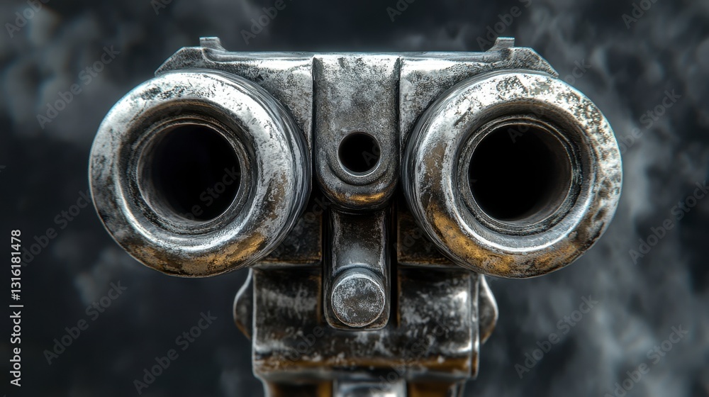Close up view of a weathered, metallic dual barreled object against a dark, smoky background. The barrels show signs of wear and discoloration, with a textured surface. Close up view of a weathered, metallic dual barreled object against a dark, smoky background. The barrels show signs of wear and discoloration, with a textured surface.