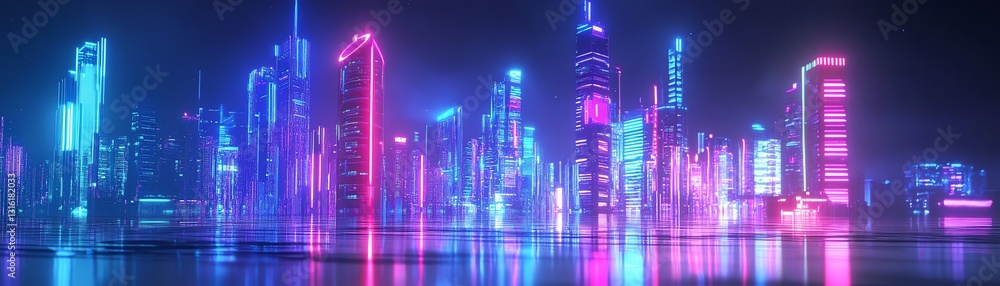 Futuristic city skyline with vibrant neon lights reflecting in water. Futuristic city skyline with vibrant neon lights reflecting in water.