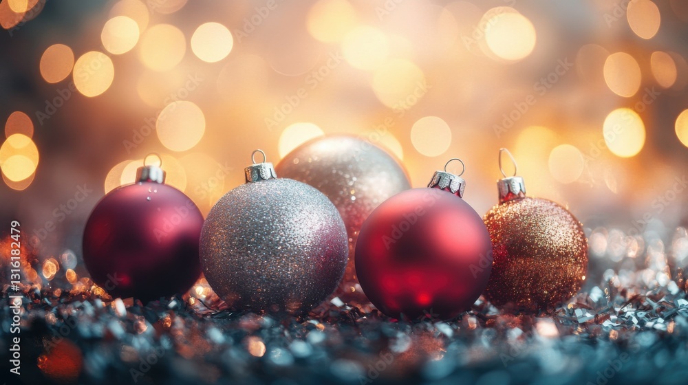 Festive composition made of decorative xmas baubles on shiny background. Christmas and New Year celebration and party concept Festive composition made of decorative xmas baubles on shiny background. Christmas and New Year celebration and party concept