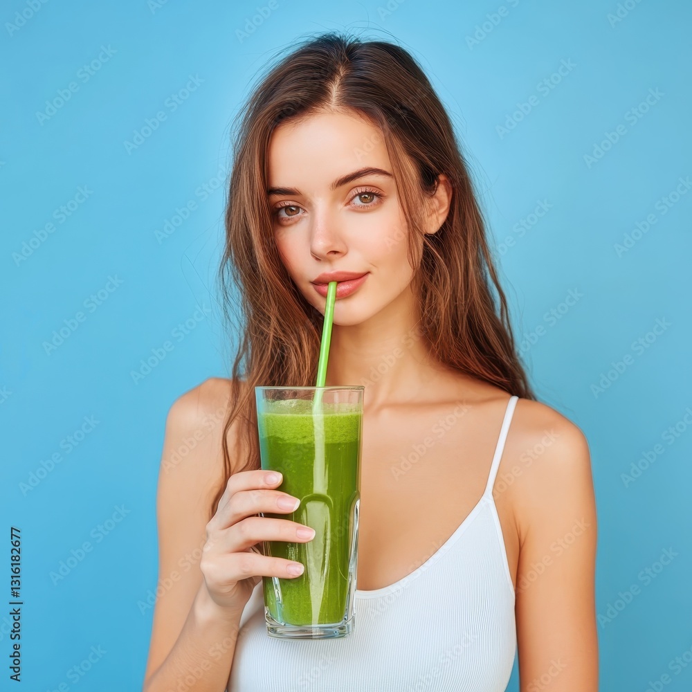 Fit young woman enjoying a refreshing organic green smoothie against a vibrant blue backdrop. Generative AI Fit young woman enjoying a refreshing organic green smoothie against a vibrant blue backdrop. Generative AI