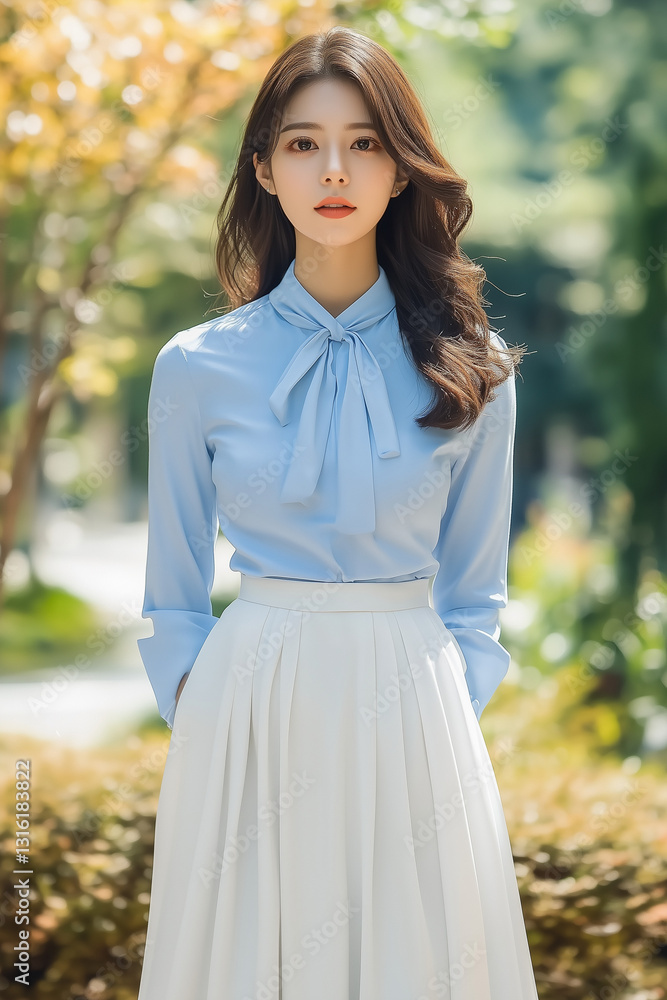 타이 블라우스 입은 아름다운 한국 여성 패션