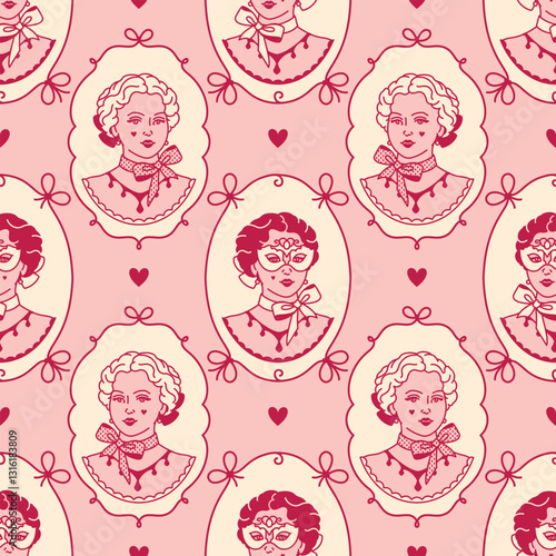 Seamless pattern Inspired by masquerade balls, France, romantic 18th-century aesthetics. Flirty hand-drawn female portraits with lace, masks and bows. Coquette girly cream and pink tone background