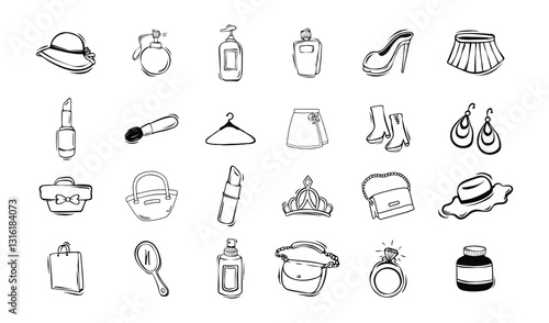 Collection of accessories and beauty products in line art format