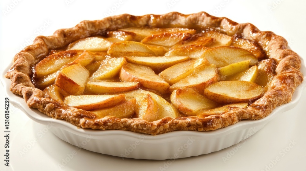 Pie with a full top crust, filled with apple slices, placed on a white surface