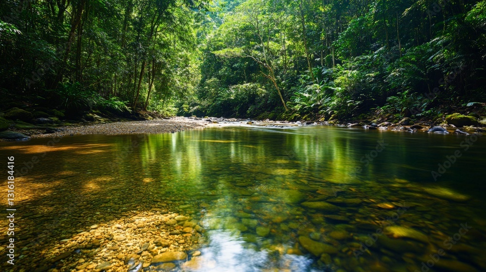 Obraz premium Serene jungle river with lush greenery and reflective waters