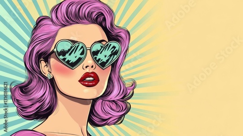 Beautiful stylish woman with pink purple hair in vintage style with sunglasses heart shape. Pin-up model.