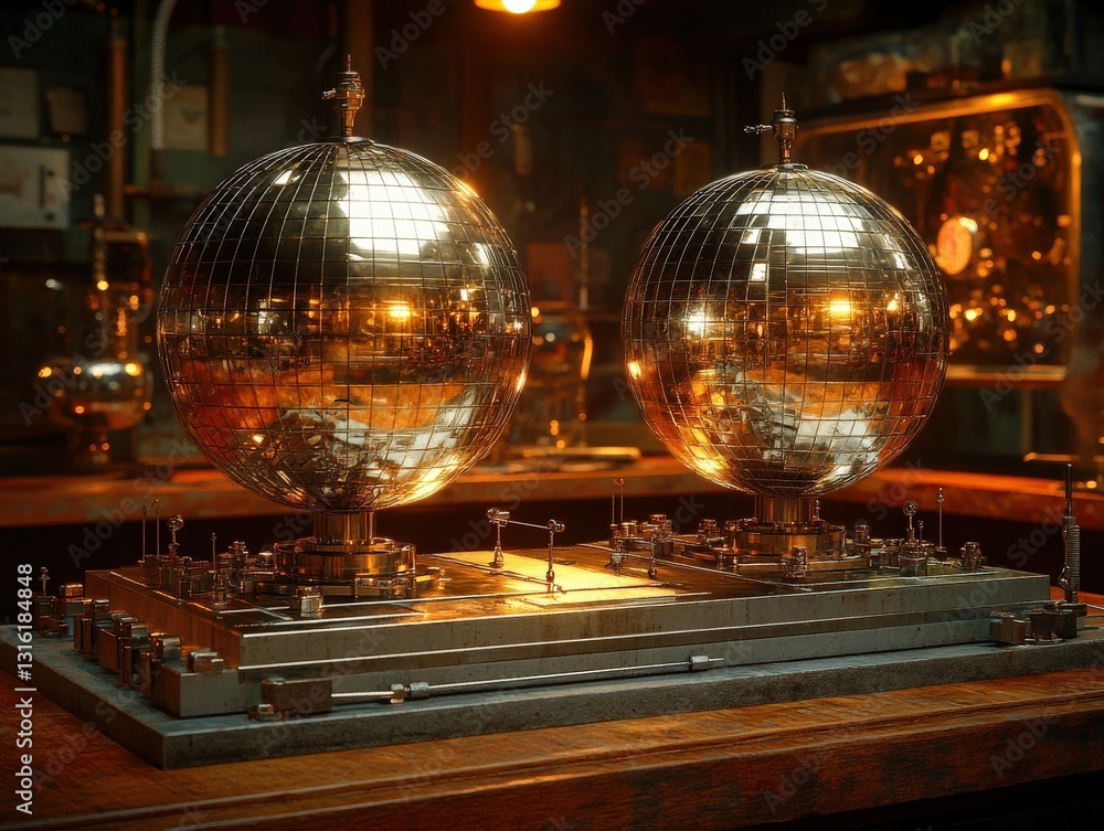 Intricate steampunk-inspired model featuring two gleaming metallic globes on a complex base, illuminated by warm light; evokes a sense of invention and wonder. Intricate steampunk-inspired model featuring two gleaming metallic globes on a complex base, illuminated by warm light; evokes a sense of invention and wonder.