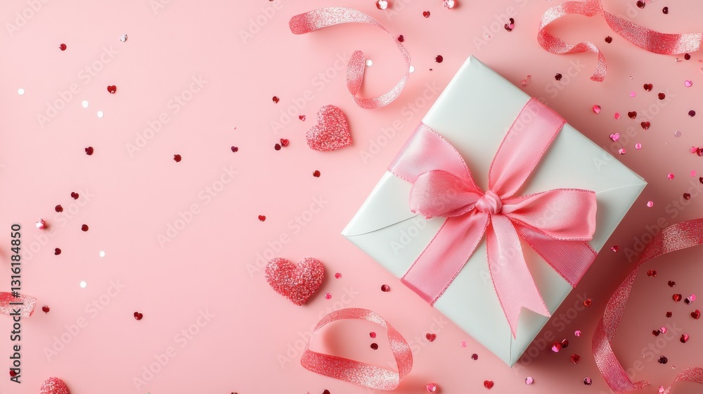 Top view photo of st valentine's day decorations white gift box with bow pink curly ribbon and sequins on isolated pastel pink background with copyspace Top view photo of st valentine's day decorations white gift box with bow pink curly ribbon and sequins on isolated pastel pink background with copyspace