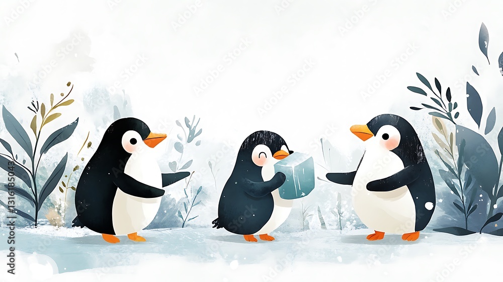 Obraz premium Charming Penguin Family Winter Watercolor Illustration AI Generated