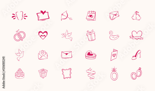 Drawings of wedding and love related icons and objects