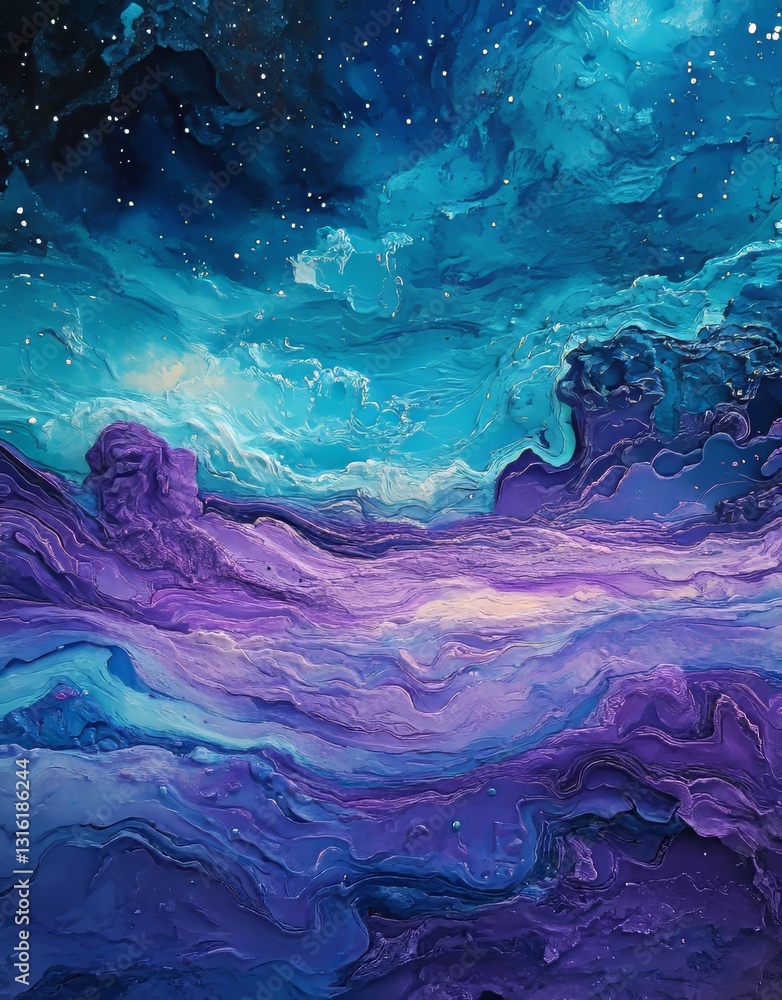 Obraz premium A beautiful watercolor painting shows a purple and blue nebula filled with many stars
