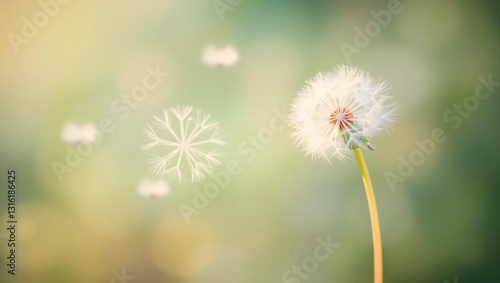 Fototapeta Naklejka Na Ścianę i Meble -  Abstract Nature Scene with Blurred Dandelion Parachutes