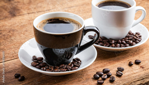 Wallpaper Mural Two coffee cups surrounded by coffee beans on a rustic wooden table. Torontodigital.ca