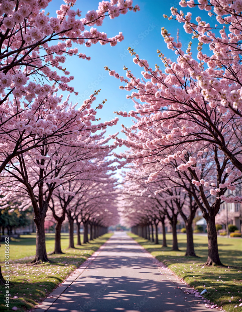 Naklejka premium A quiet park pathway lined with cherry blossom trees