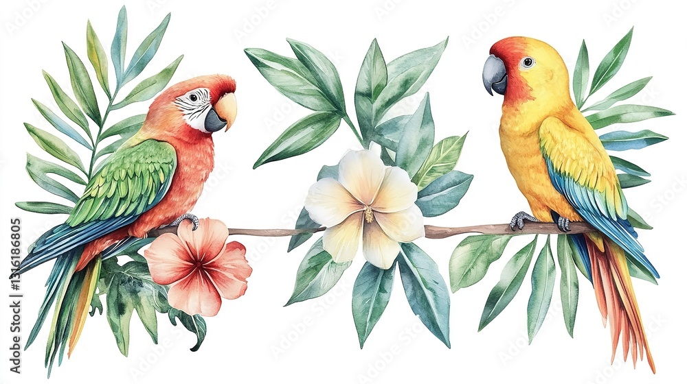 Fototapeta premium Tropical Parrots & Flowers – Vibrant Watercolor Botanical Illustration