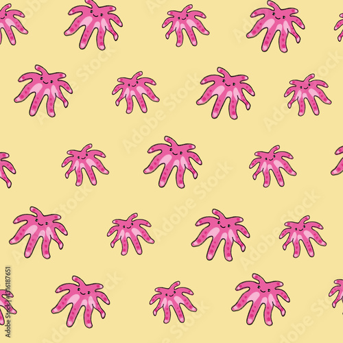 A seamless pattern featuring cartoon-like illustrations of pink squids with a playful and whimsical design