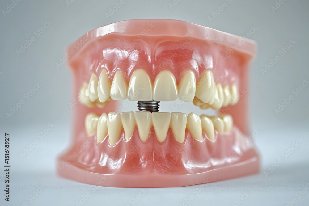 Obraz premium Dental implants displayed in a model of a human jaw demonstrating oral health and restoration procedures