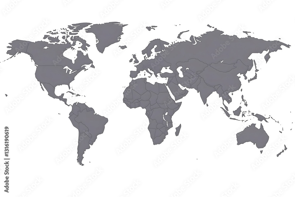Naklejka premium Solid Gray World Map Isolated on White Background, Simple Geographic Representation for Global Awareness and Educational Purposes