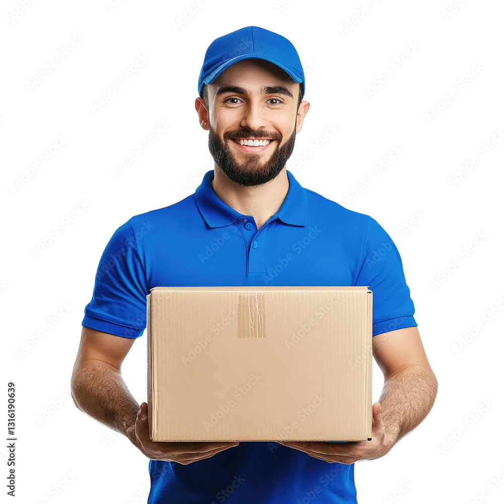 smiling delivery man in blue holding cardboard box smiling delivery man in blue holding cardboard box
