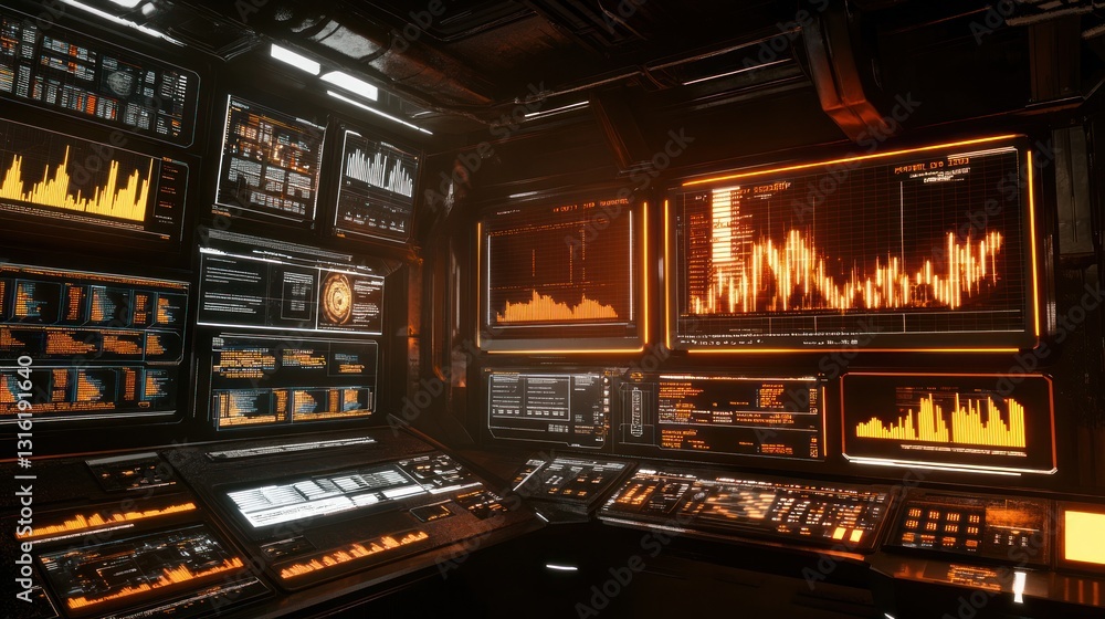 Futuristic control room with glowing displays (2) Futuristic control room with glowing displays (2)