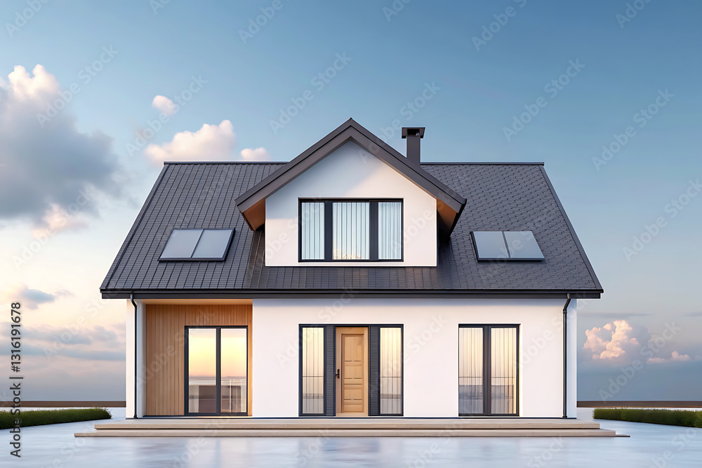 Modern, Energy-Efficient Home with a Stylish Exterior. A stunning, contemporary house with a dark gray slate roof and white exterior walls. Modern, Energy-Efficient Home with a Stylish Exterior. A stunning, contemporary house with a dark gray slate roof and white exterior walls.