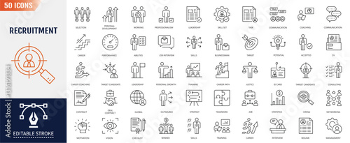 Recruitment icon set. Headhunting, career, resume, job hiring, candidate and human resource icons and more. Vector illustration
