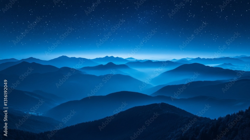 Layers of dark blue mountains rise majestically against a star-filled night sky. A gentle mist lingers in the valleys, creating an ethereal atmosphere of tranquility and wonder Layers of dark blue mountains rise majestically against a star-filled night sky. A gentle mist lingers in the valleys, creating an ethereal atmosphere of tranquility and wonder