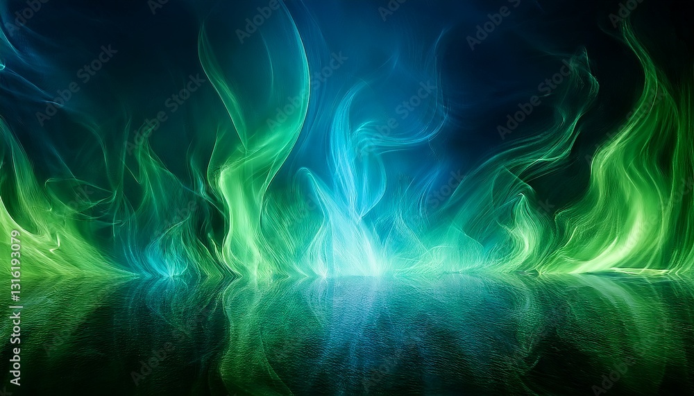 Obraz premium 緑と青の炎が舞い上がる幻想的なシーン