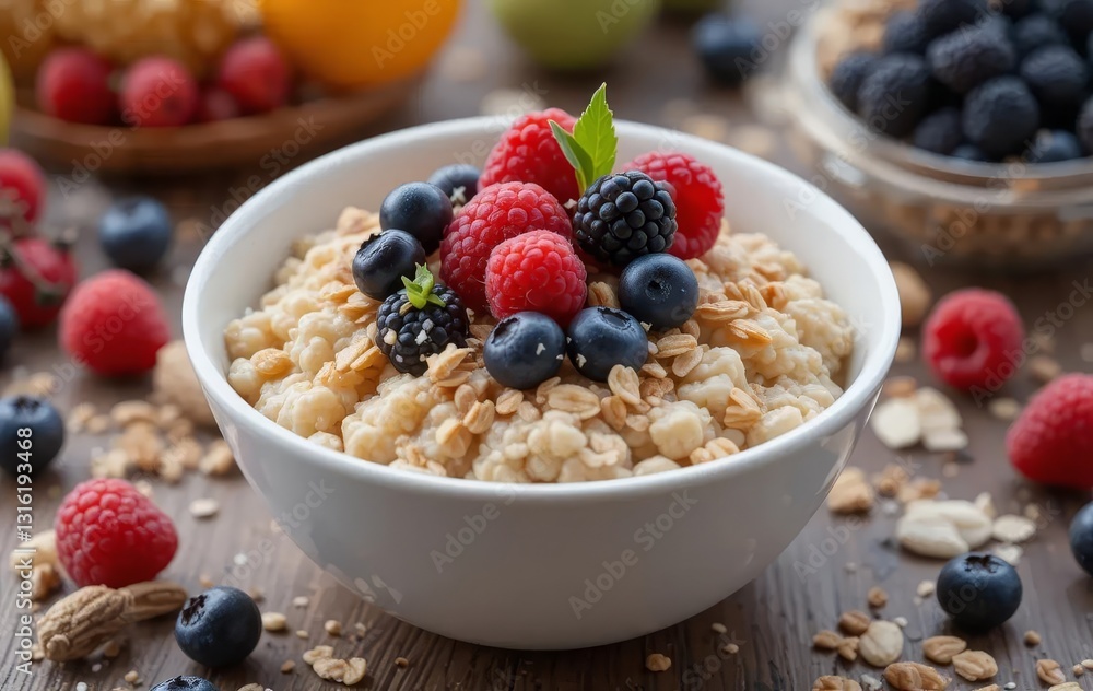 A bowl of oatmeal with colorful berries and granola on top, surrounded by additional fruits and nuts A bowl of oatmeal with colorful berries and granola on top, surrounded by additional fruits and nuts