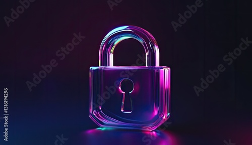 Neon glass padlock on dark background