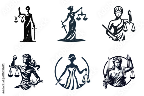Conjunto de logotipos de la Dama de la Justicia – Clipart vectorial minimalista en blanco y negro, emblema, ilustración comercial, diseño de póster creativo en estilo pegatina