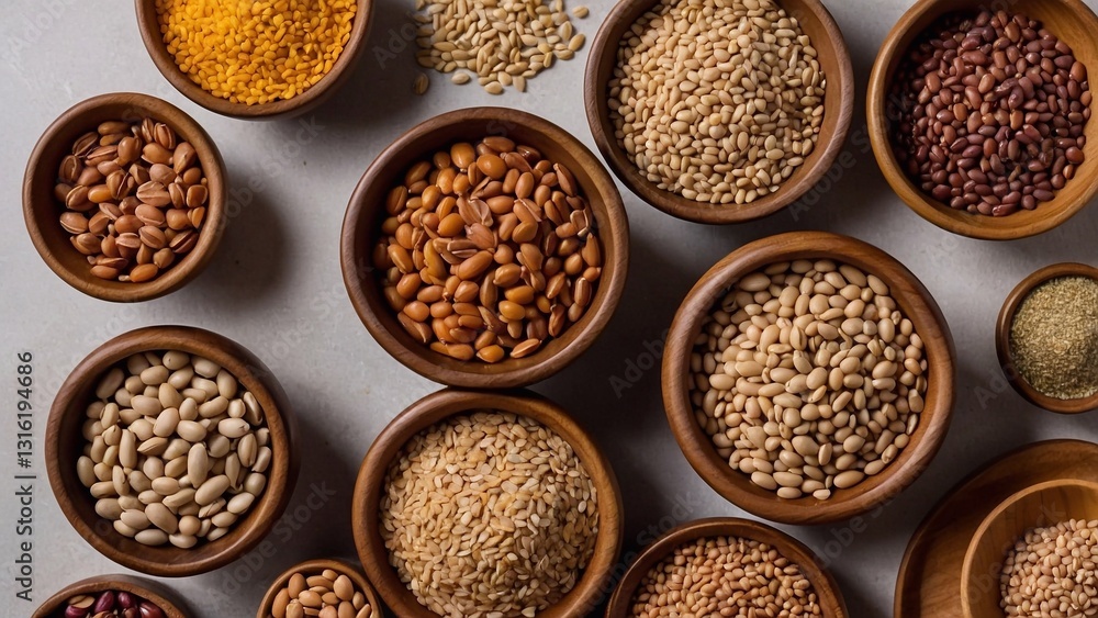 Wooden bowls filled with various grains, legumes arranged around central white space. Different types of beans, lentils visible in bowls. Image still life food photo. Neutral background, could used